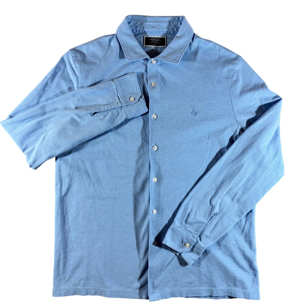 Charles Tyrwhitt Mens Large Light Blue Pique Knit Button Down Long Sleeve Shirt